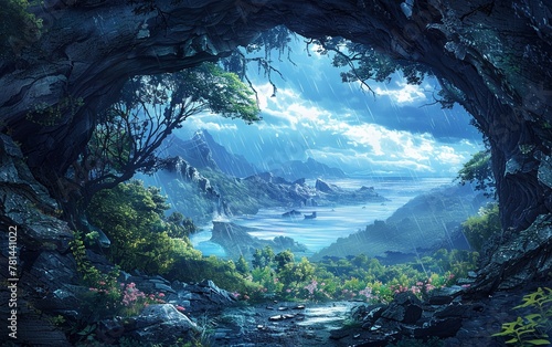Digital art depicting an enchanted world featuring a hidden cavern in a mysterious landscape. #781441022