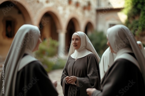Group of nuns talking in the cloister photo