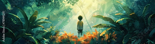 A young child is standing on massive green foliage while gazing up at the sun in a painting.