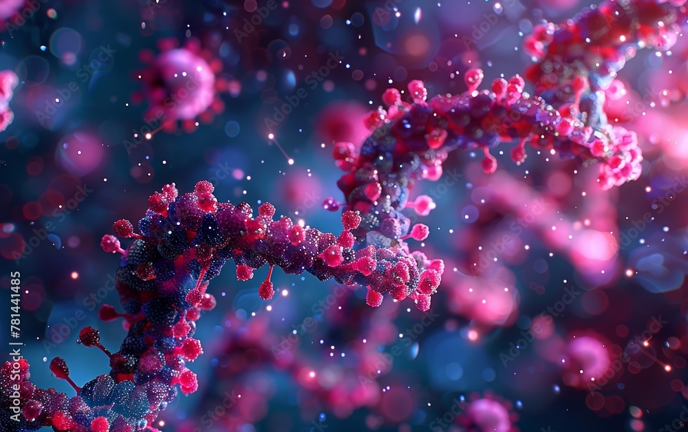Artistic depiction of a virus cell infiltrating and attacking a strand of DNA, shown in a three-dimensional illustration. Artistic depiction of a virus cell infiltrating and attacking a strand of DNA, shown in a three-dimensional illustration.
