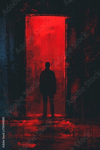 A person standing in front of the entrance with a sinister look, murder theme, artistic depiction. photo