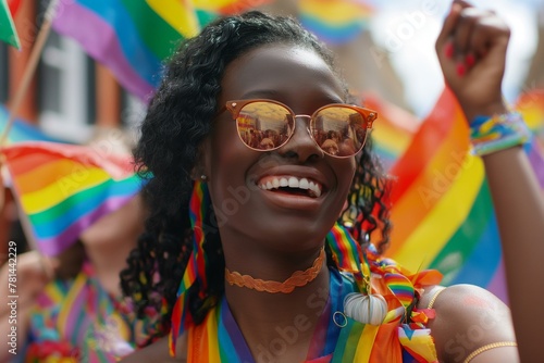 Joyful Black Woman Celebrating Pride with LGBTQ Community at a Parade