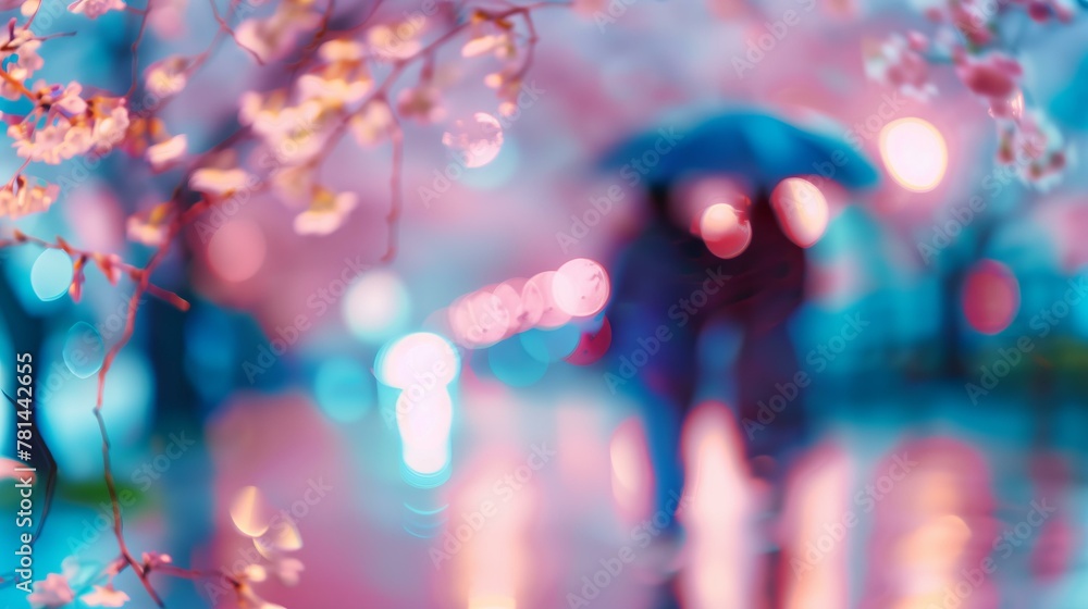 photo close up a couple sharing an umbrella on a rainy day, blooming cherry trees in background pastels and reflective wet surfaces, blurred
