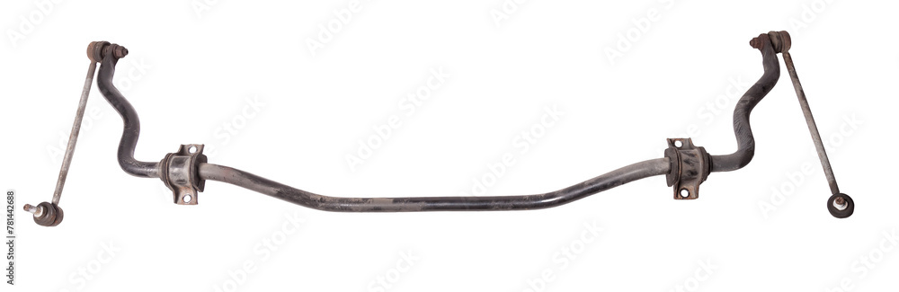 Metal anti-roll bar stabilizer - a device in vehicle suspension that serves to reduce lateral rolls in corners, it was used on a white isolated for installation or repair in workshop Metal anti-roll bar stabilizer - a device in vehicle suspension that serves to reduce lateral rolls in corners, it was used on a white isolated for installation or repair in workshop