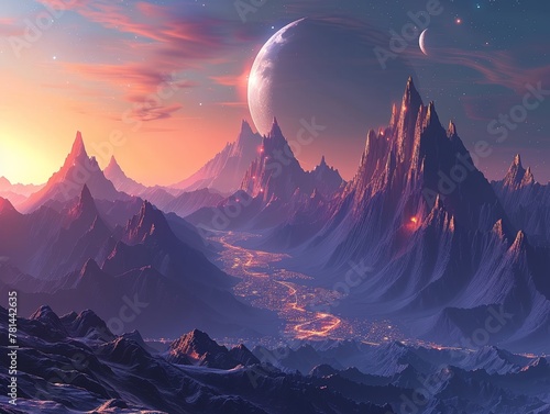 Geometric mountains rise under a quartet of moons, glowing cities nestled in their valleys, twilight hue, wideangle
