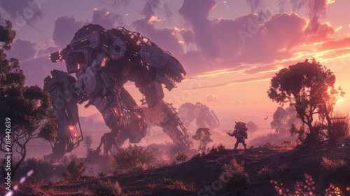 Giant military mechs planting a lush forest on a barren planet, with bioluminescent wildlife observing, in twilight hues © kitinut