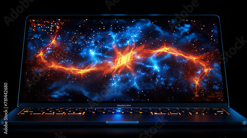 "Stellar Synapses: The Cosmic Network" A laptop screen displaying a vibrant cosmic scene resembling neural connections, capturing the grandeur of the universe and the complexity of the mind. © IULIIA
