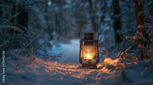 Lantern with light encased in a thin layer of ice, on a path in a silent, snowladen forest