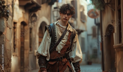 Young European man in vintage pirate costume posing in old street