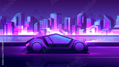 Futuristic supercar side view driving on the highway. Night metropolis street horizontal illustration.