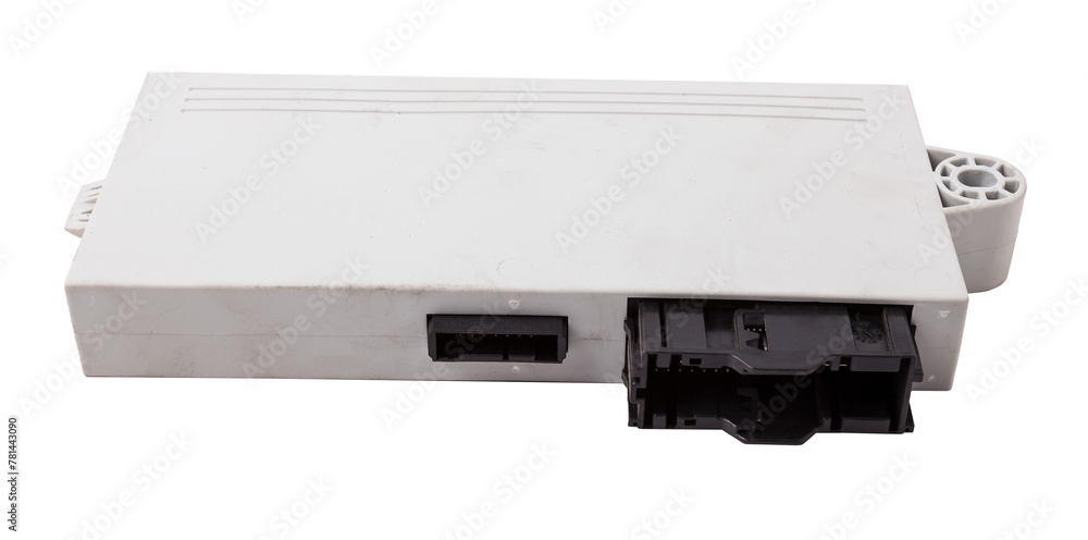 Plastic car engine control unit with metal elements on a white isolated background is the connecting center of various subsystems, units and assemblies. Monitoring the state of the moment. Spare part Plastic car engine control unit with metal elements on a white isolated background is the connecting center of various subsystems, units and assemblies. Monitoring the state of the moment. Spare part