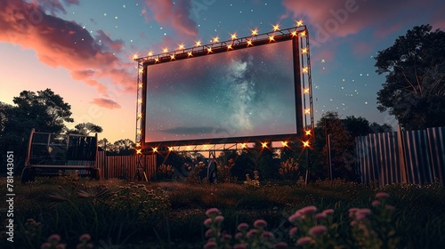 An outdoor cinema where the screen is the night sky and the stars play the movie, isolate on soft color background