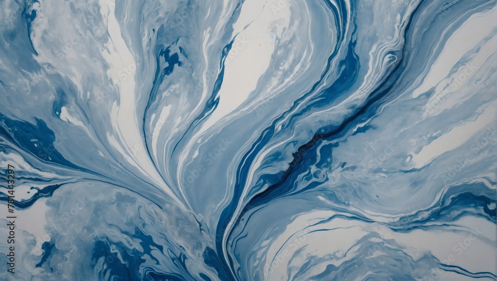 Abstract texture of marbled azure ink, featuring swirling sky blue petals, delicate blossom patterns, and shimmering silver lines on a backdrop of soft cloud white.