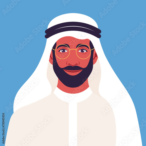 Portrait of a young Arab man with a beard. Middle Eastern Ethnicity businessman in national clothes. Vector flat illustration