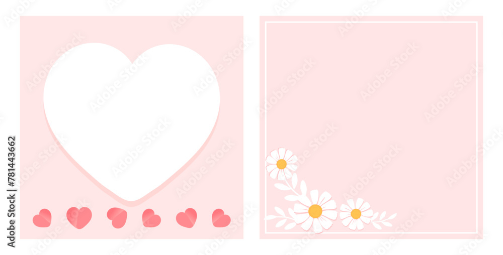 White and red hearts on pink background. Daisy flower with leaves on pink background vector.