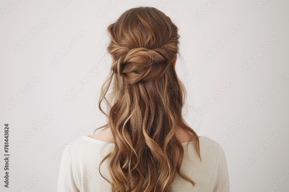 Stunningly elegant half-up. Half-down hairstyle for women with textured. Wavy brunette hair. Featuring a chic braided twist and modern styling. Perfect for a casual yet sophisticated look Stunningly elegant half-up. Half-down hairstyle for women with textured. Wavy brunette hair. Featuring a chic braided twist and modern styling. Perfect for a casual yet sophisticated look