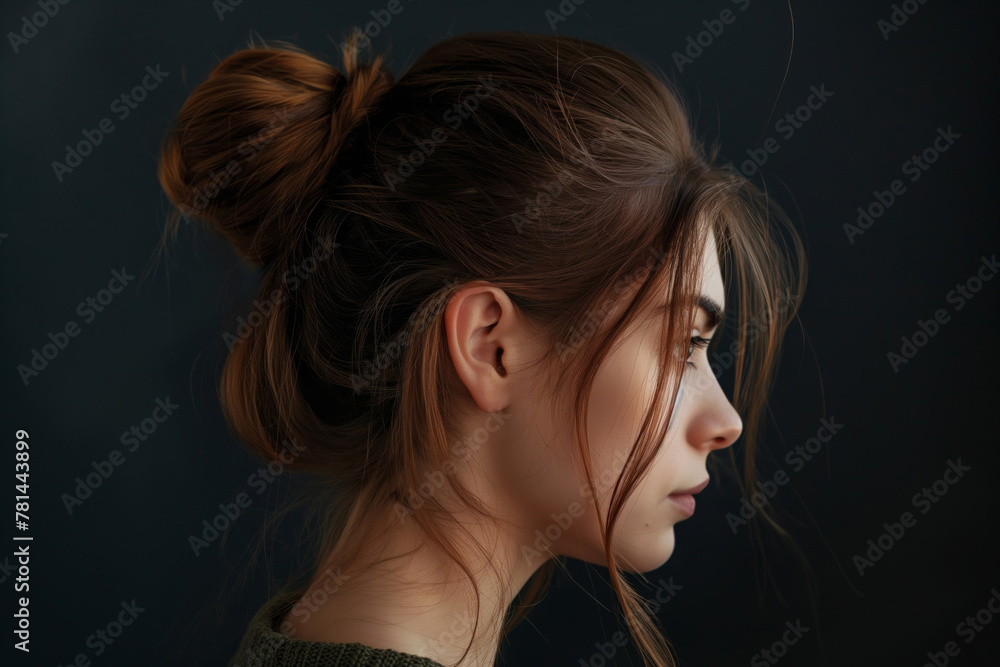 Side view of a woman's messy bun hairstyle against a dark background Side view of a woman's messy bun hairstyle against a dark background