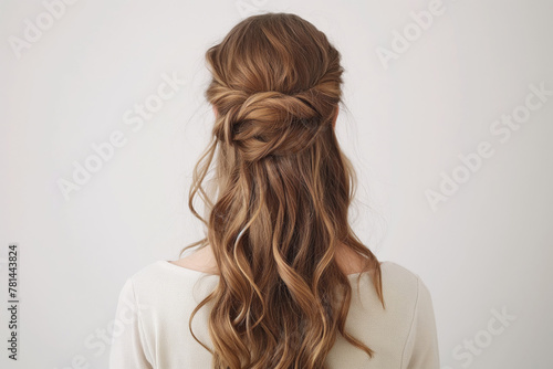 Stunningly elegant half-up. Half-down hairstyle for women with textured. Wavy brunette hair. Featuring a chic braided twist and modern styling. Perfect for a casual yet sophisticated look