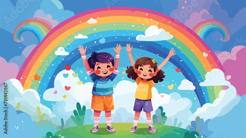 Illustration of kids on rainbow background 2d flat