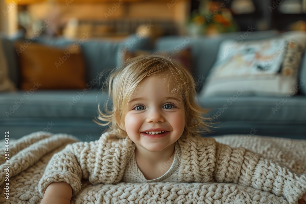 eye-level, laughing toddler, cozy living room, autumn, diffused afternoon light, late afternoon, mild, playful tone eye-level, laughing toddler, cozy living room, autumn, diffused afternoon light, late afternoon, mild, playful tone