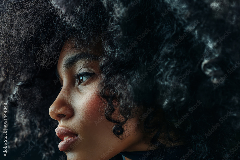 Beautiful portrait of a woman with voluminous curly hair showcasing her natural afro texture. Exuding elegance and femininity. With dramatic lighting and mysterious profile view Beautiful portrait of a woman with voluminous curly hair showcasing her natural afro texture. Exuding elegance and femininity. With dramatic lighting and mysterious profile view