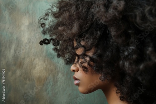 Profile view of a woman with luxurious curly hair against a textured backdrop