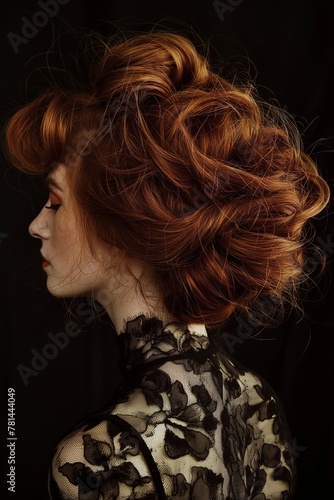 Profile portrait of a woman showcasing a beautiful, voluminous curled hairstyle against a dark background