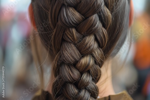 Close-up detailed shot of an elegant and artistic french braid hairstyle on a brunette woman. Showcasing the intricate woven pattern and texture of the braided hair. Reflecting beauty. Femininity photo