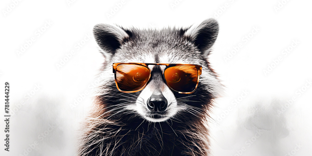 Portrait of a raccoon in orange sunglasses on a white background.
