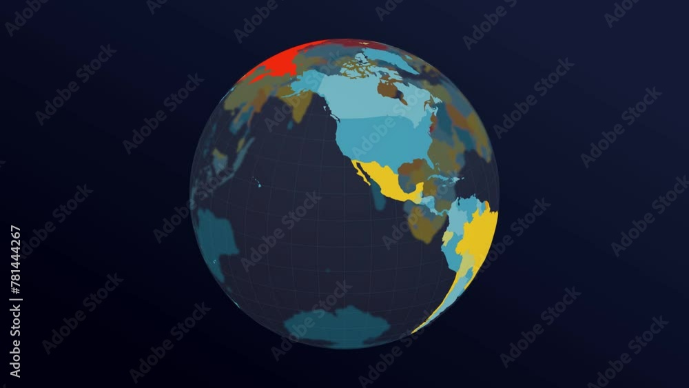 The globe with world map. Dark translucent Earth planet in contrasting red, yellow, and blue colors rotating. The second turn changes colors to red hues. 4K attractive loop animation. The globe with world map. Dark translucent Earth planet in contrasting red, yellow, and blue colors rotating. The second turn changes colors to red hues. 4K attractive loop animation.