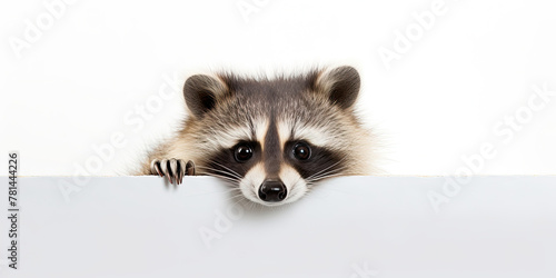 A baby raccoon peeks out behind a white blank poster on a white background.