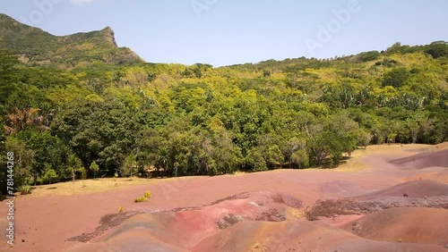 Chamarel Seven Colored Earth Geopark in Mauritius Island. Colorful panoramic landscape about this volcanic geological formation Chamarel Seven Colored Earth Geopark in Riviere noire district.
