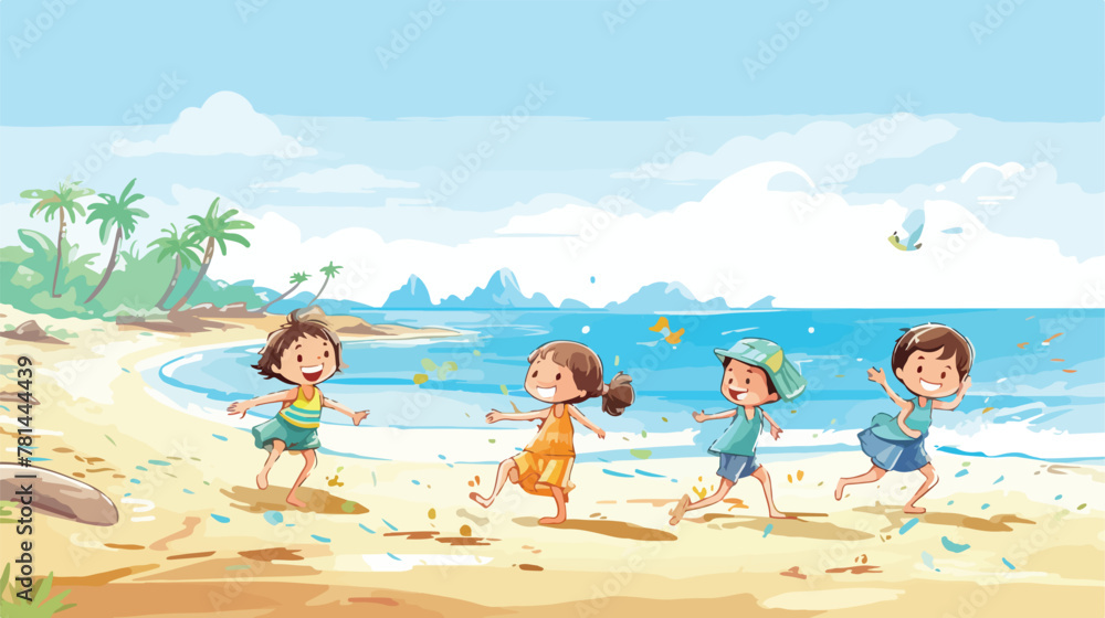 Illustration of kids playing at the beach 2d flat c