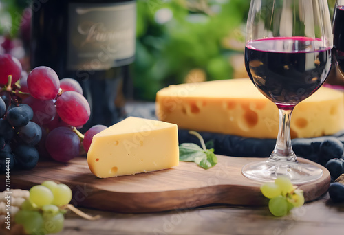 Elegant wine and cheese tasting setup with a glass of red wine, fresh grapes, and wedges of cheese on a rustic wooden table, suggesting a sophisticated and indulgent experience. National cheese day.