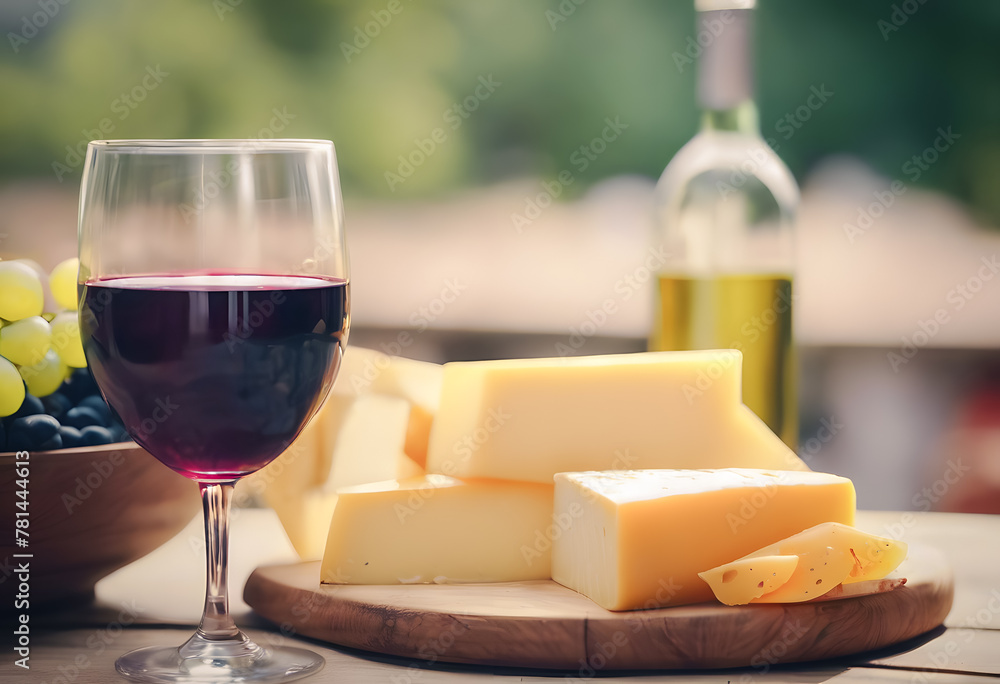 Elegant wine and cheese tasting setup with a glass of red wine, assorted cheeses on a wooden board, grapes in the background, and a wine bottle, all set outdoors with a soft-focus backdrop. Elegant wine and cheese tasting setup with a glass of red wine, assorted cheeses on a wooden board, grapes in the background, and a wine bottle, all set outdoors with a soft-focus backdrop.