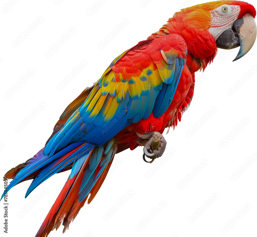 Vivid scarlet macaw parrot with colorful feathers cut out png on transparent background