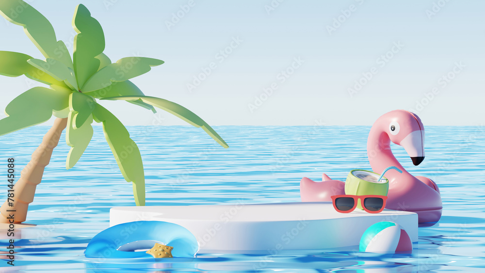 3D render, minimal Summer background with empty podium or pedestal platform for showing product, cosmetic scene for mock up, beach swim elements decoration. - obrazy, fototapety, plakaty 
