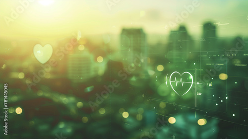 Heart Rate Monitoring Icon with Green Bokeh Background. Urban Lifestyle and Health Rhythm Care Backdrop.