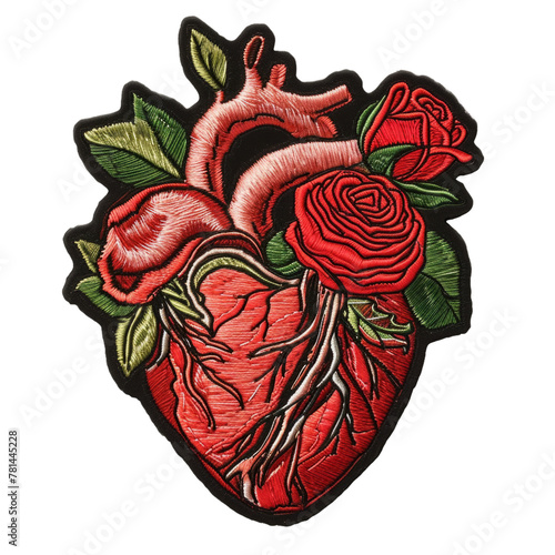 Embroidered anatomical human heart with roses patch isolated on transparent background. Blend of romance and science concept for textile and fashion design