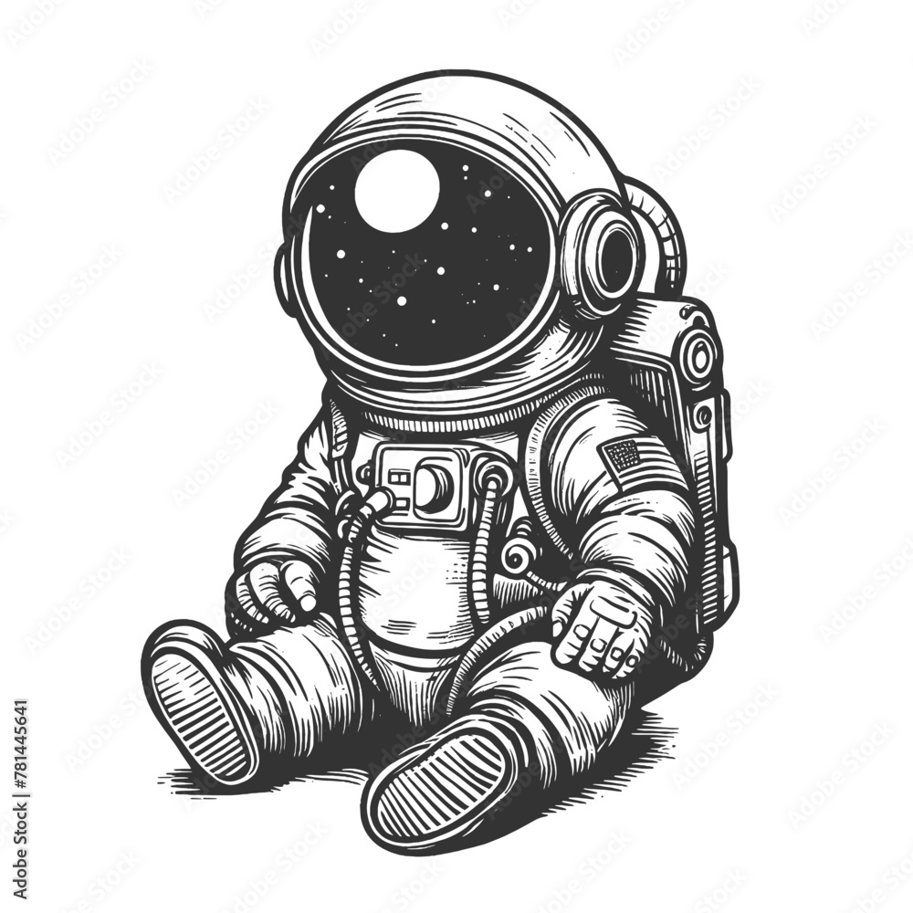 Baby astronaut in a space suit seated, with the helmet reflecting the starry cosmos sketch engraving generative ai vector illustration. Scratch board imitation. Black and white image. Baby astronaut in a space suit seated, with the helmet reflecting the starry cosmos sketch engraving generative ai vector illustration. Scratch board imitation. Black and white image.