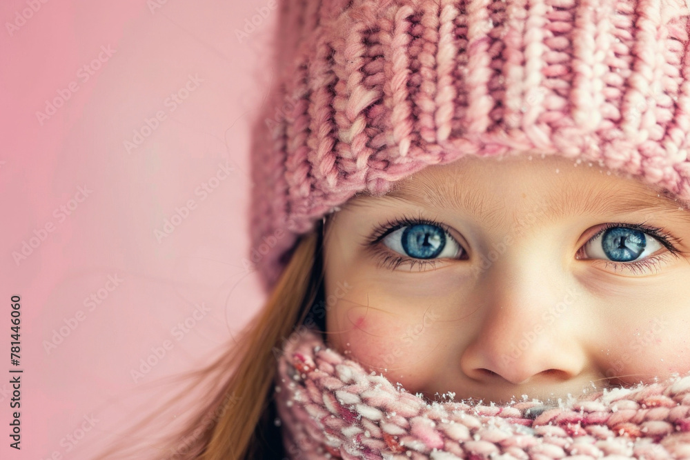 Portrait of a young girl with blue eyes wearing a knitted hat and scarf on a pink background