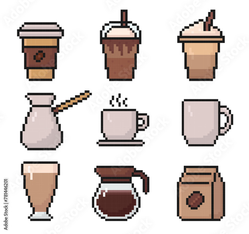 coffee pixel art set of icons, vintage, 8 bit, 80s, 90s game style, computer arcade game items, coffee cup, latte, frappe, cappuccino, cezve, coffee pot, package, cup, mug, vector illustration