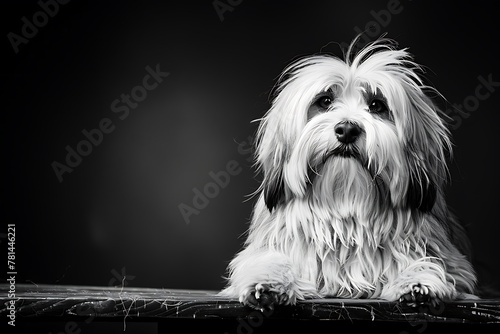  A black and white photograph of a long-haired dog with predominantly white fur. The image has high contrast, with the dog's fur detailed in a way that highlights its texture against a dark background