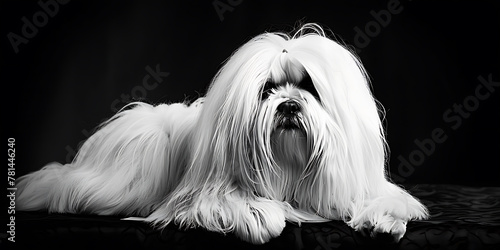  A black and white photograph of a long-haired dog with predominantly white fur. The image has high contrast, with the dog's fur detailed in a way that highlights its texture against a dark background