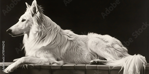 
A black and white photograph of a long-haired dog with predominantly white fur. The image has high contrast, with the dog's fur detailed in a way that highlights its texture against a dark background