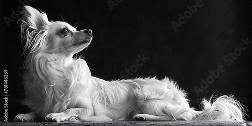  A black and white photograph of a long-haired dog with predominantly white fur. The image has high contrast, with the dog's fur detailed in a way that highlights its texture against a dark background