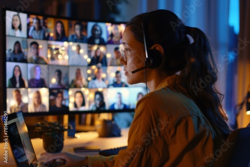 Woman attentively participates in a diverse virtual team meeting, bathed in the glow of the screen.
