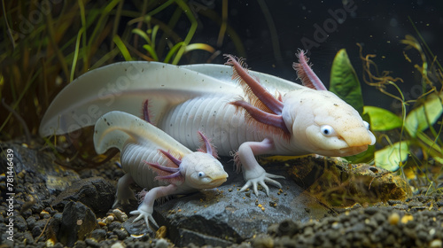 Albino axolotls with pink gills in a freshwater environment.