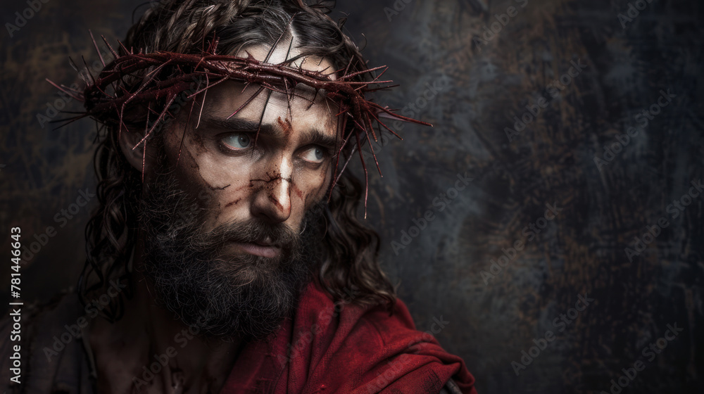 Portrait of Jesus Christ with crown of thorns on dark background Portrait of Jesus Christ with crown of thorns on dark background