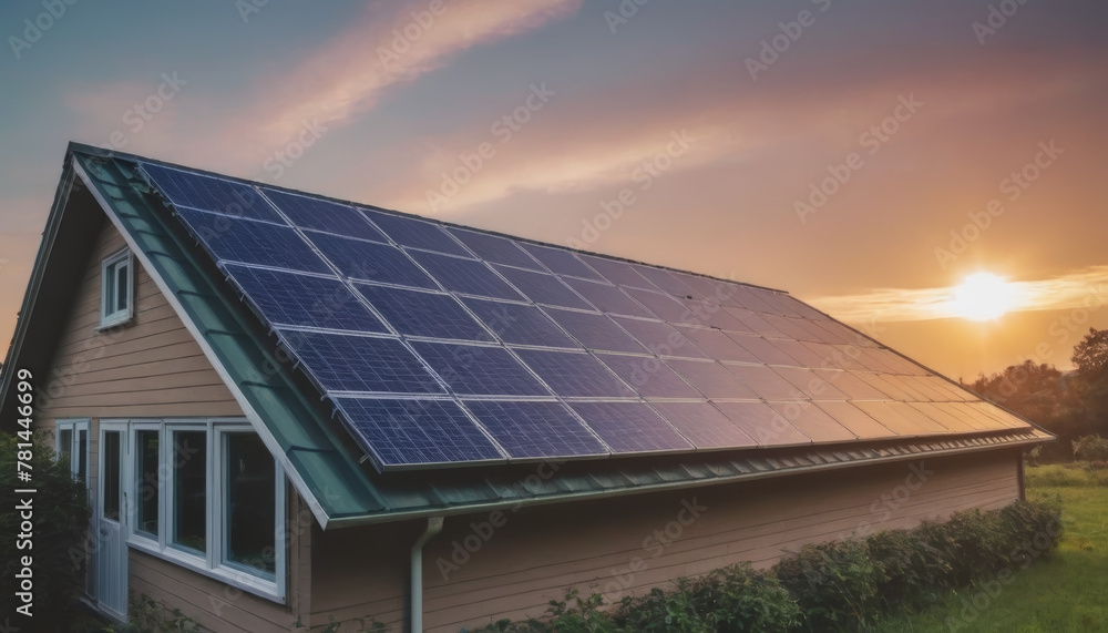 A home with solar panels on the roof, with the sun setting in the background. - obrazy, fototapety, plakaty 